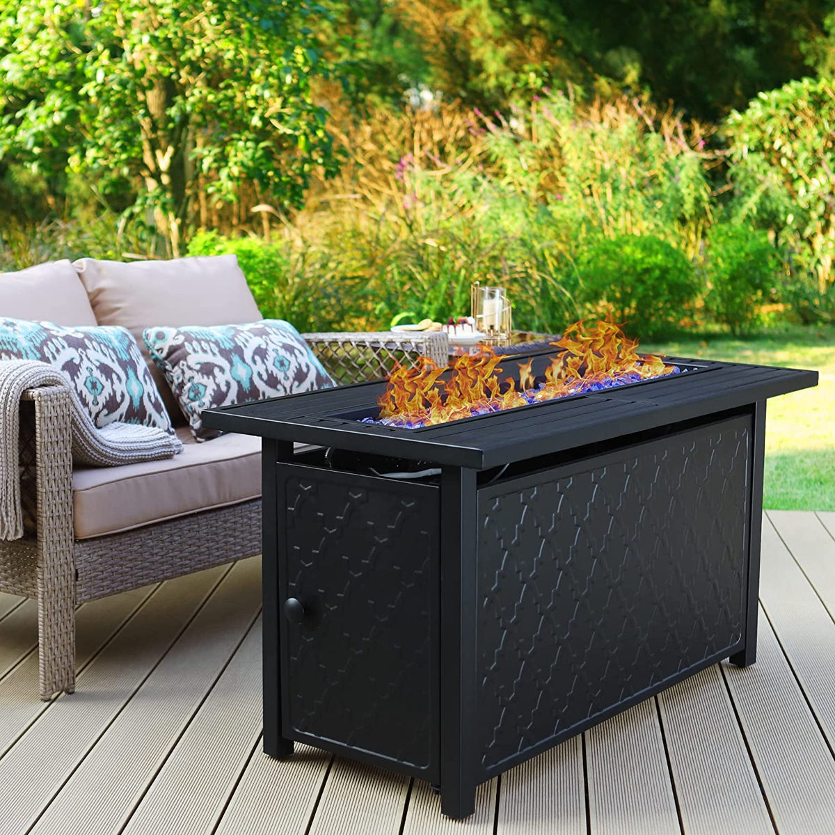 Gas Fire Pit Table, 45 Inch Large Long Rectangular Outdoor Patio Propane 50000 BTU Fire Table with Lid and Blue Fire