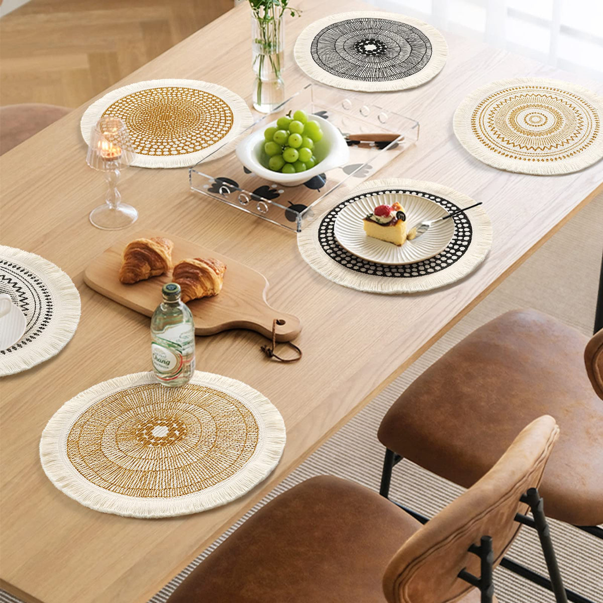 Set of 6 Round Placemats 13 Inch Cotton Woven Mandala Tassels Table Mats
