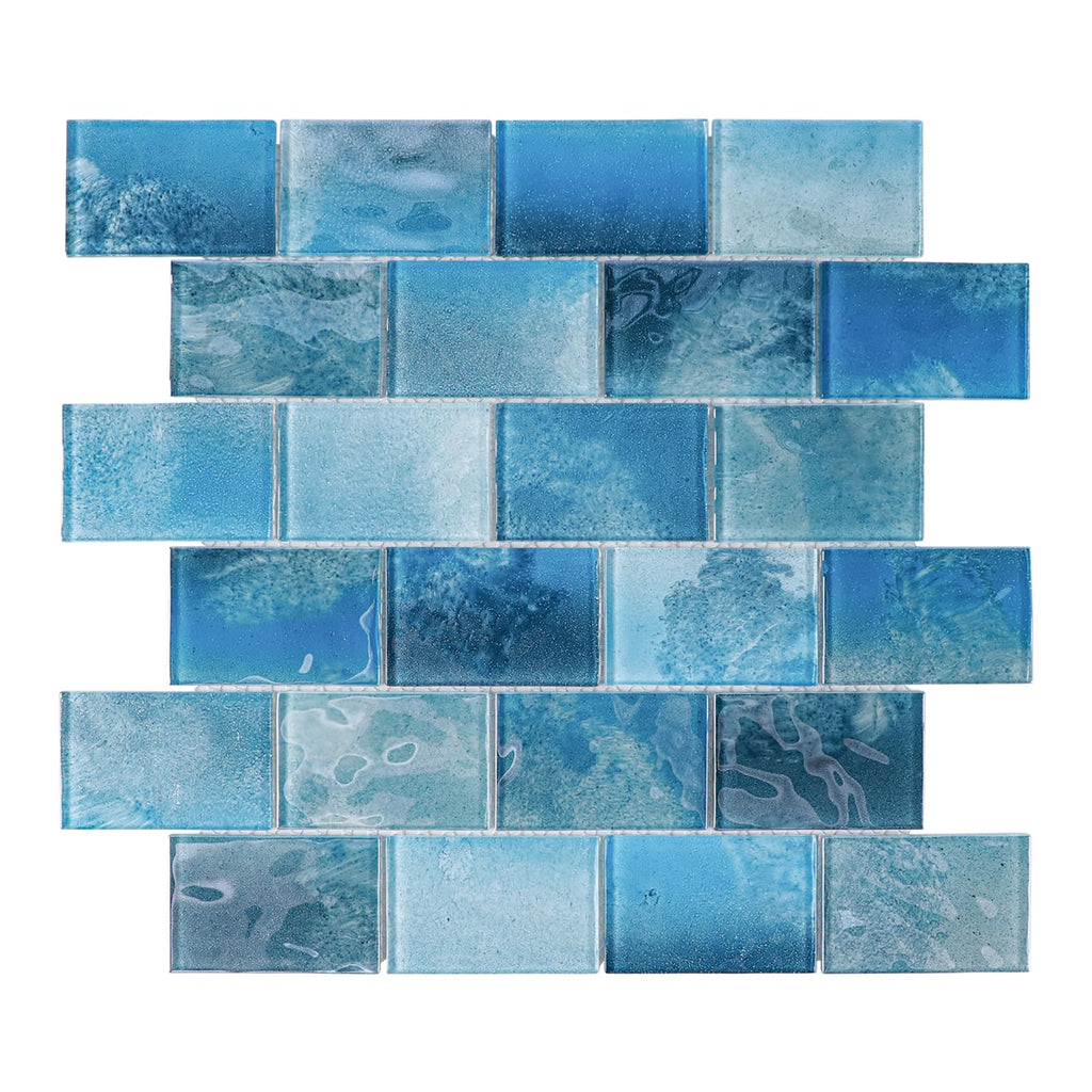 Glass Mosaic Tiles Backsplash, 5-Sheet Subway Backsplash Glass Tiles Bathroom Swimming Pool Shower Wall (Aqua Blue