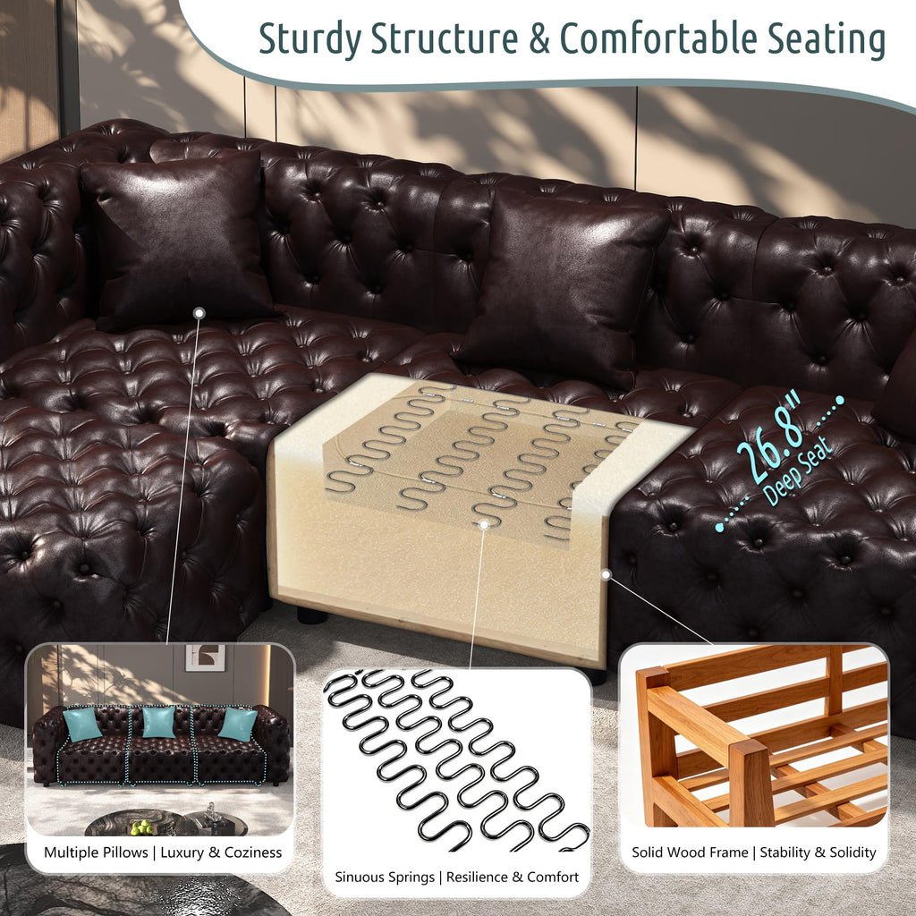 48" Faux Leather Couch, Chesterfield Sofa Set-Dark Brown