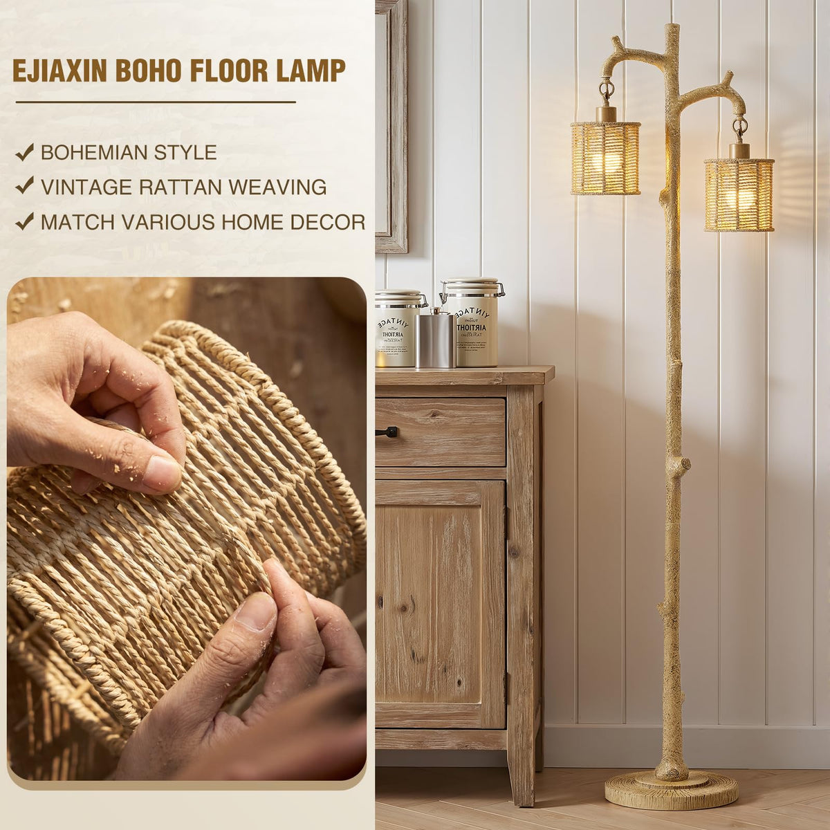 Floor Lamp - 69" Farmhouse Tree Trunk Standing Lamps - Country Resin Tall Lamp with 2 Rattan Lampshade - Rustic Floor