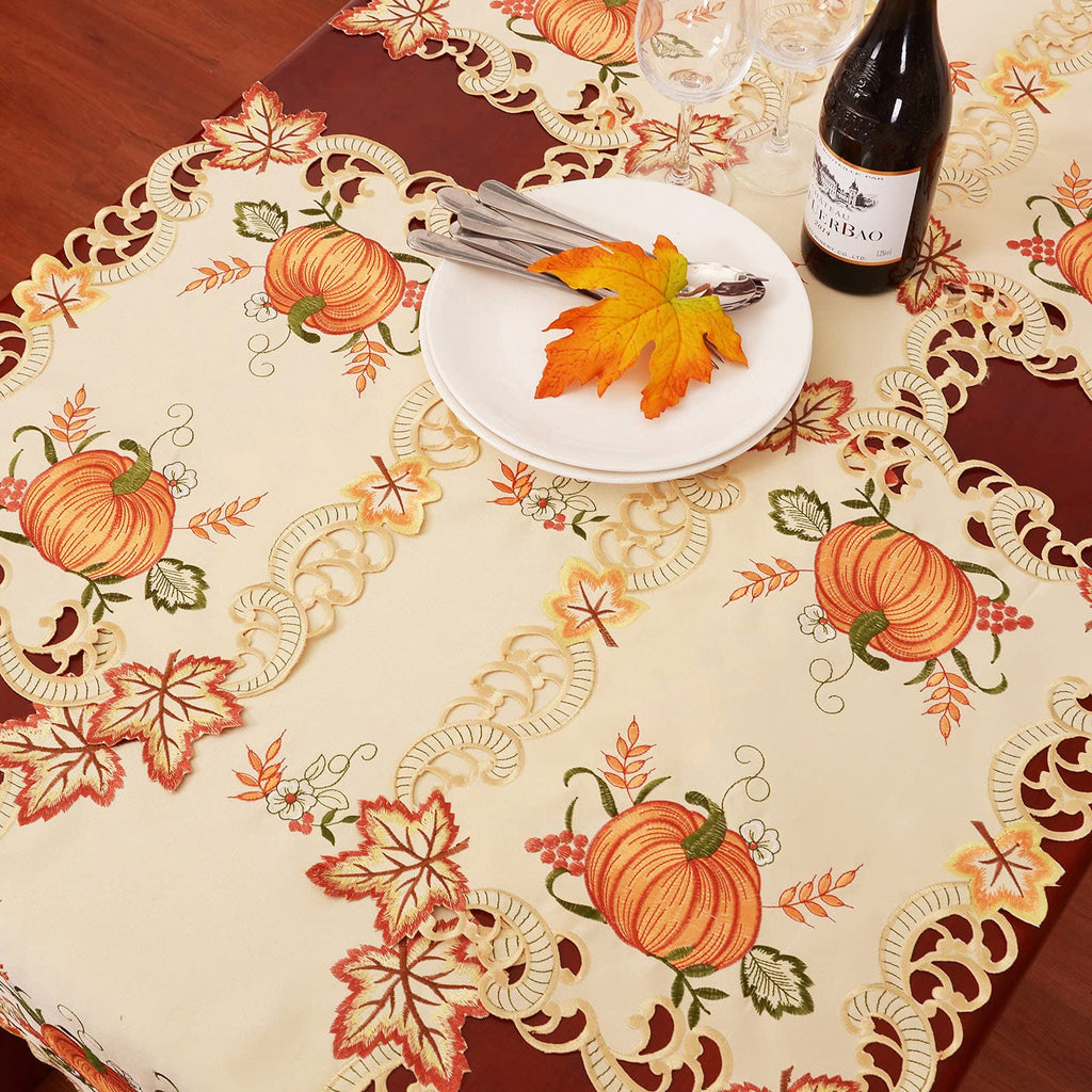 Thanksgiving Harvest Pumpkins Table Runners for Autumn Or Fall Decorations, Embroidery (14 × 90 Inches)