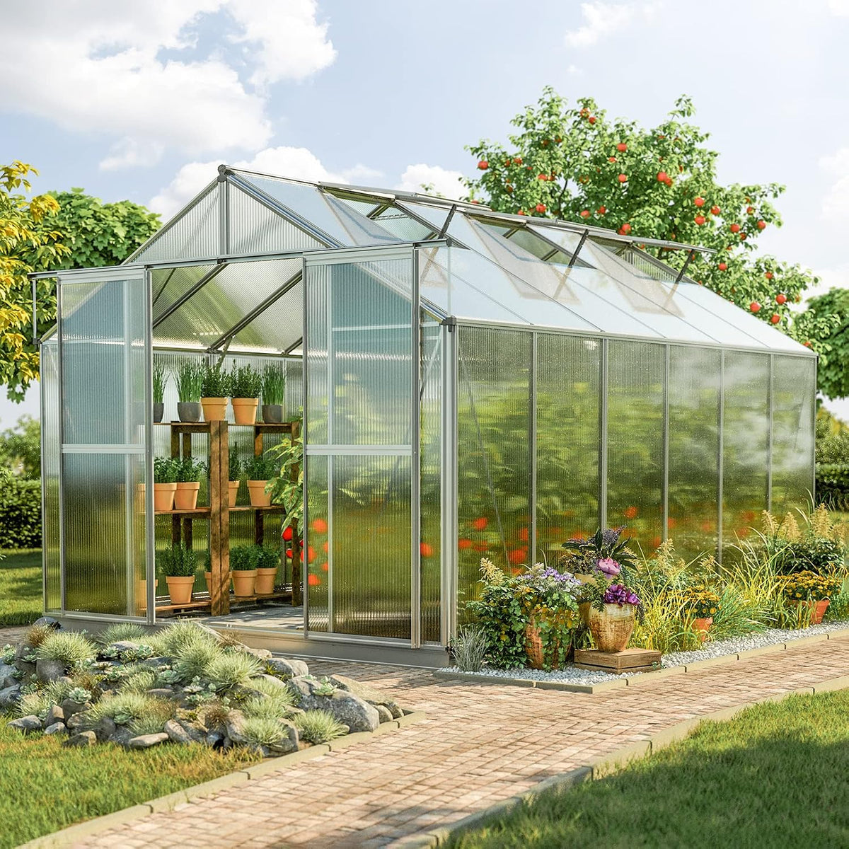 Topas 6 7.4x12.6 ft Walk in Greenhouse, Clear Polycarbonate | Double sliding door, 3 roof vents, twin wall panels