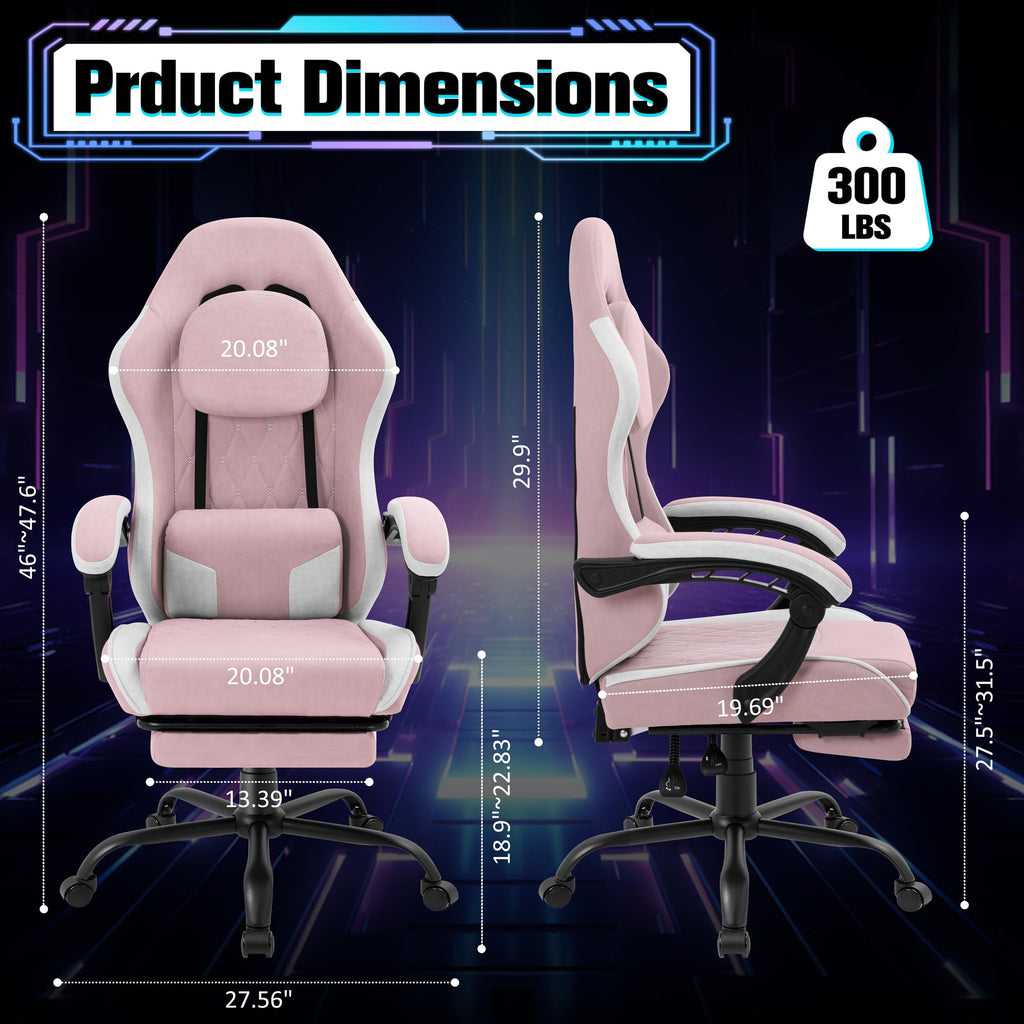 Gaming Chair with Footrest, Ergonomic Fabric Desk Chair, Pink