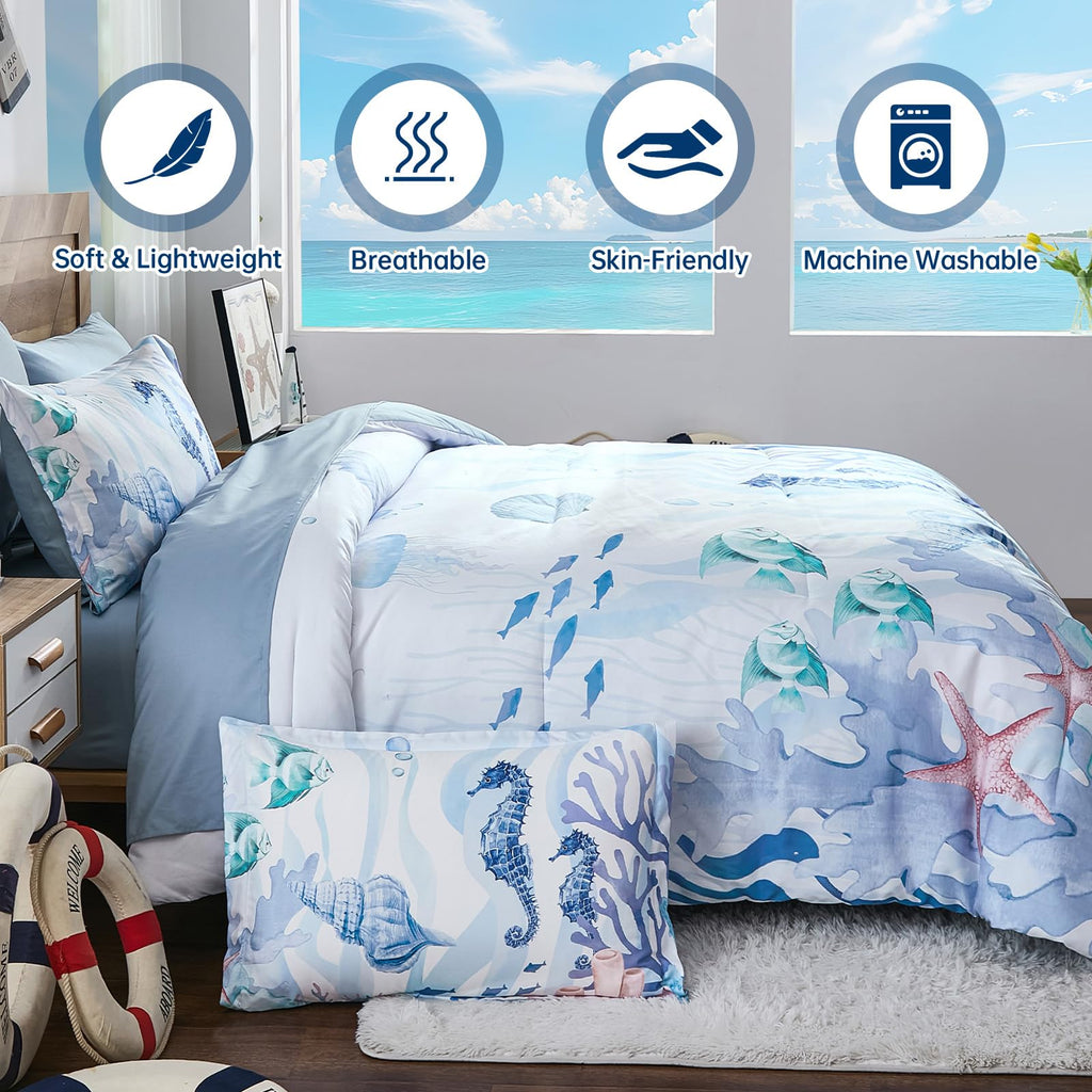 Comforter Set Coastal, Coral Beach Themed Comforters Diving Deep Ocean Bedding with Sheets 7 Pieces Bed in