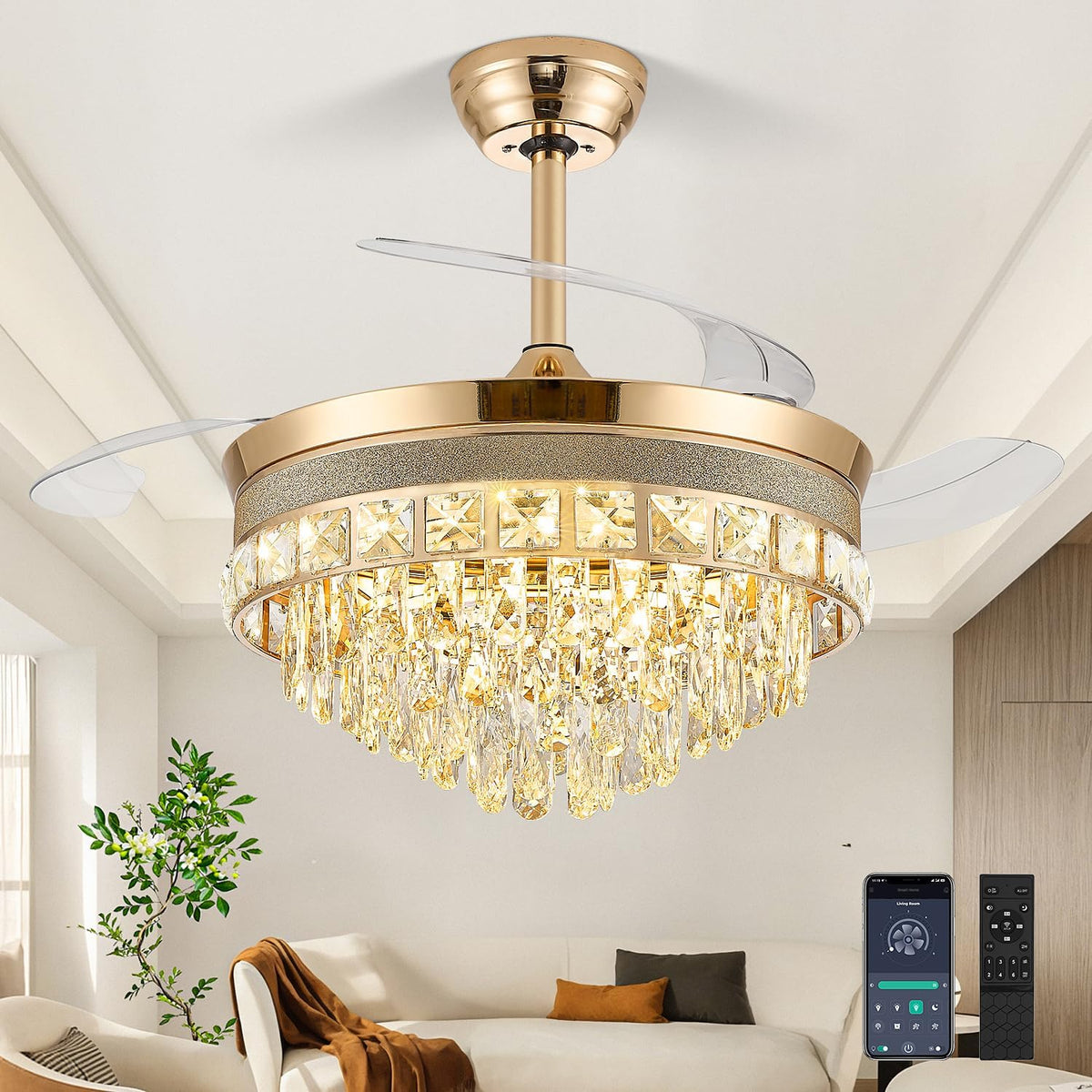 48 Inch Chandelier Ceiling Fans with Lights, Retractable Ceiling Fan with Lights, Crystal Fandelier Ceiling Fan