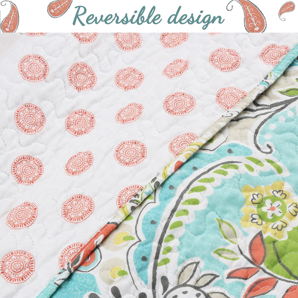 Turquoise Blue Coral Floral Leaf Reversible Quilt Bedding Set, Coverlet Bedspread Lightweight for All Seasons (Mirage