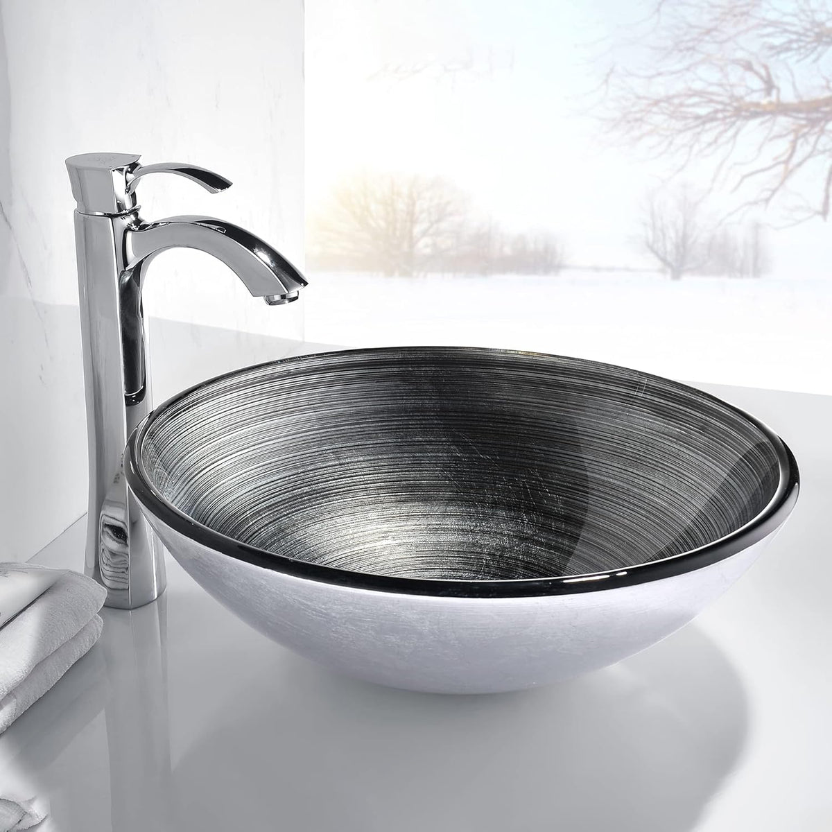 Stella Tempered Glass Vessel Bowl Sink in Preccious Storm | Dark Grey Charcoal Mount Bathroom Sinks Above