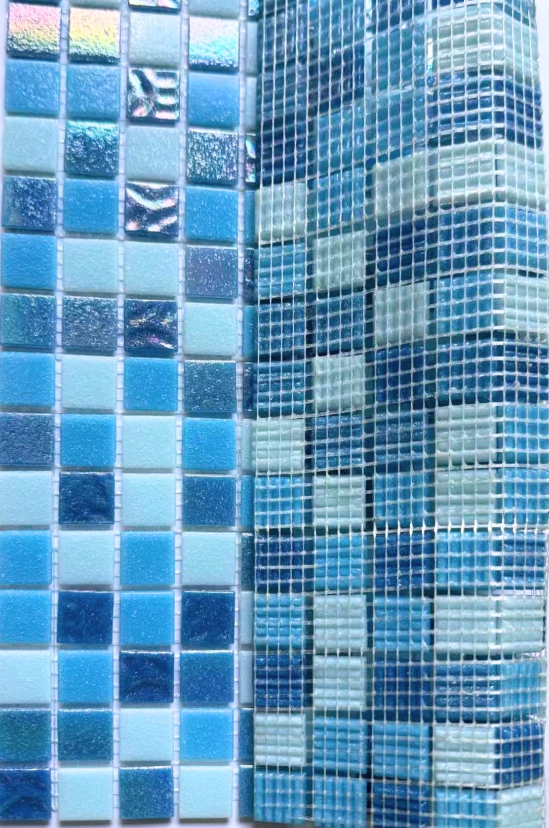 Blue Lagoon Blend Glass Mosaic Tile Sheet 12"x12" (305x305mm), 20x20mm Square Iridescent Swimming Pool Tile, Bathroom