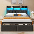 Queen Bed Frame with Storage Drawers, Upholstered Headboard with LED Light & Charging Station