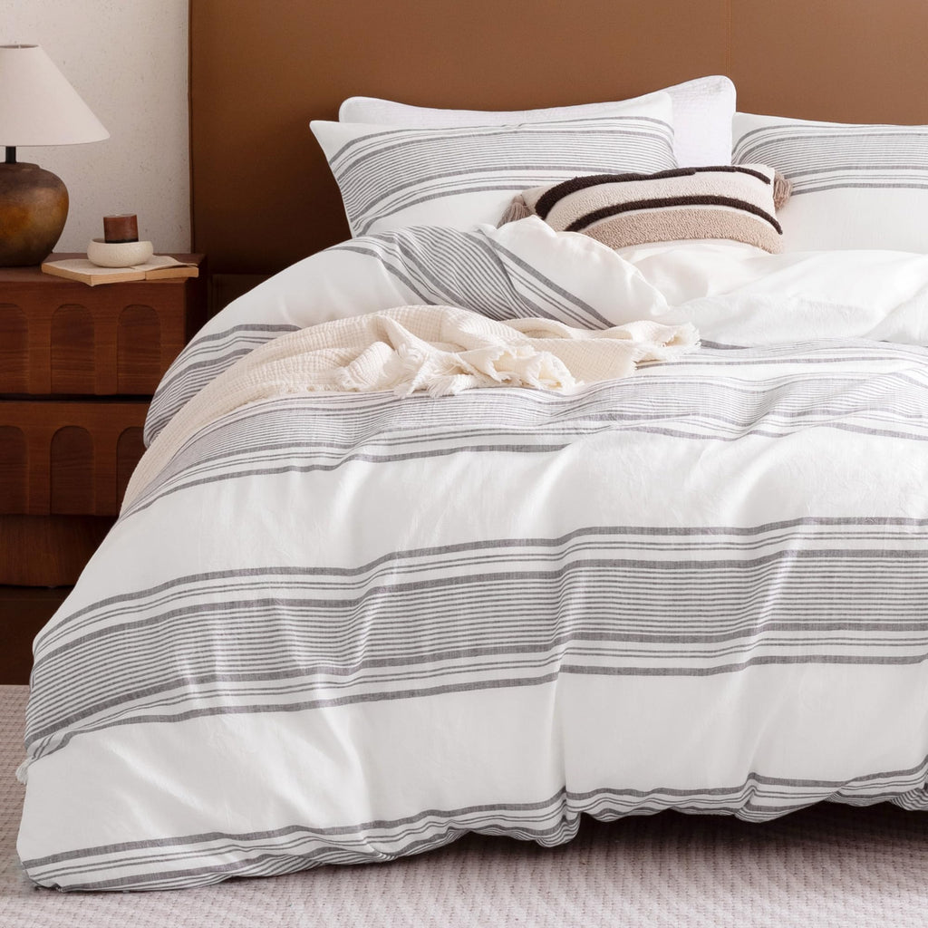 Duvet Cover Set, Striped Linen Jacquard, Dark Gray