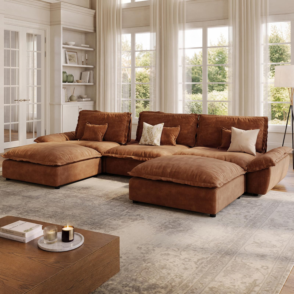 Hudson 141.7'' Oversized Modular Sectional Sofa, 5 Seater, Brown