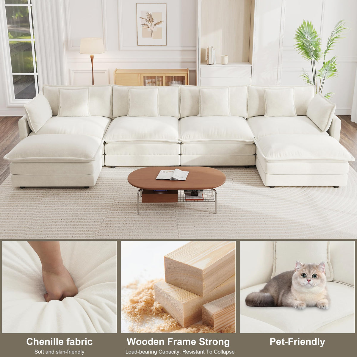 147" Modular Sectional Sofa, U Shaped Sectionals Cloud Couch, Beige