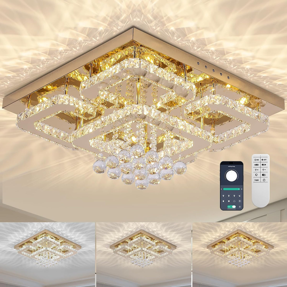 24 Inch Crystal Flush Mount Chandelier Ceiling Light, Wide Spread
