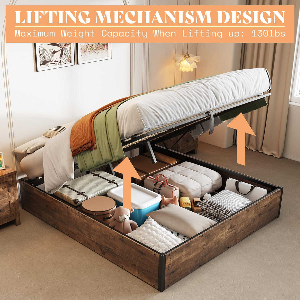 Lift Up Storage Bed Frame, Rustic Brown