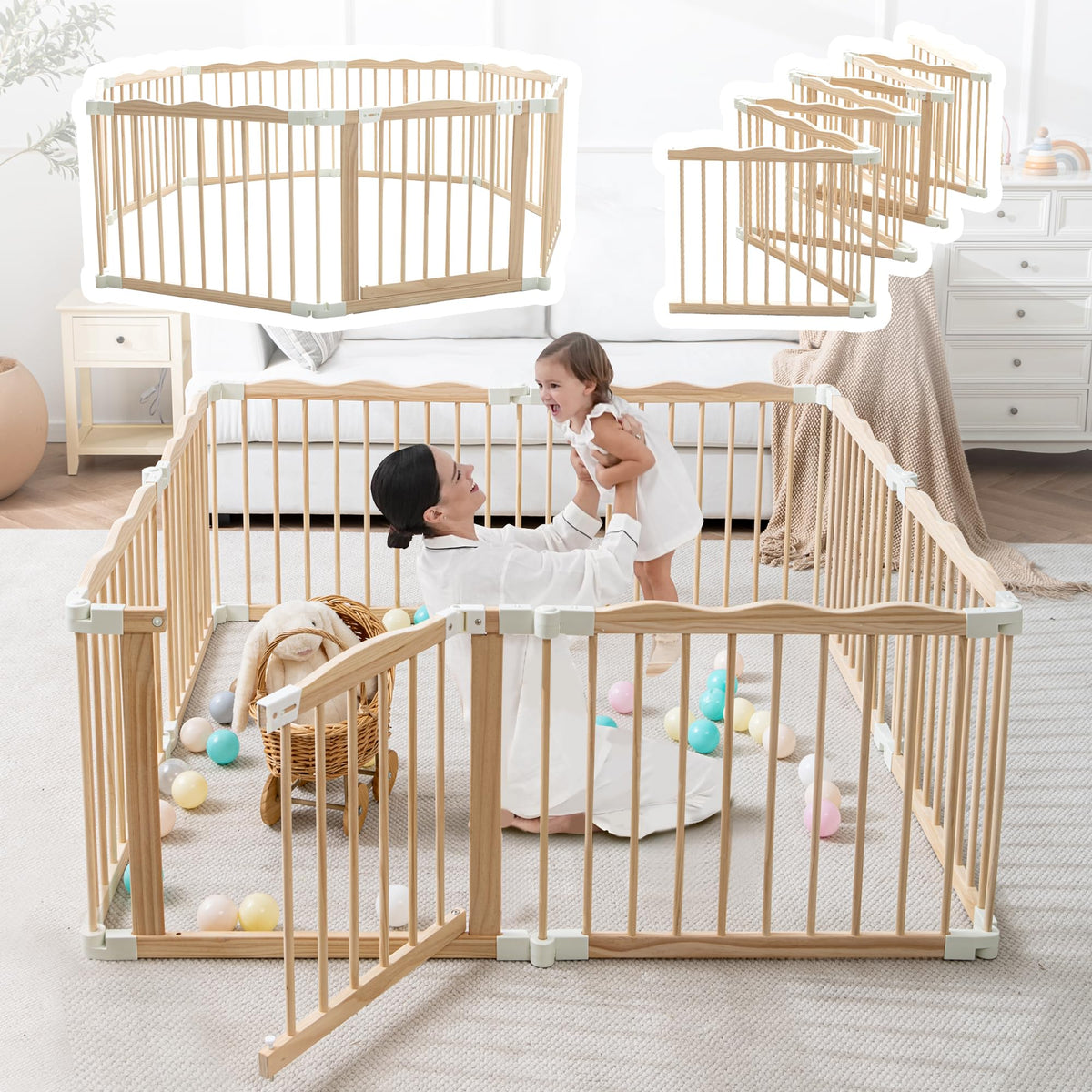 Wooden Baby Playpen Foldable Play Yard with Gate 59"x59" Natural Wood