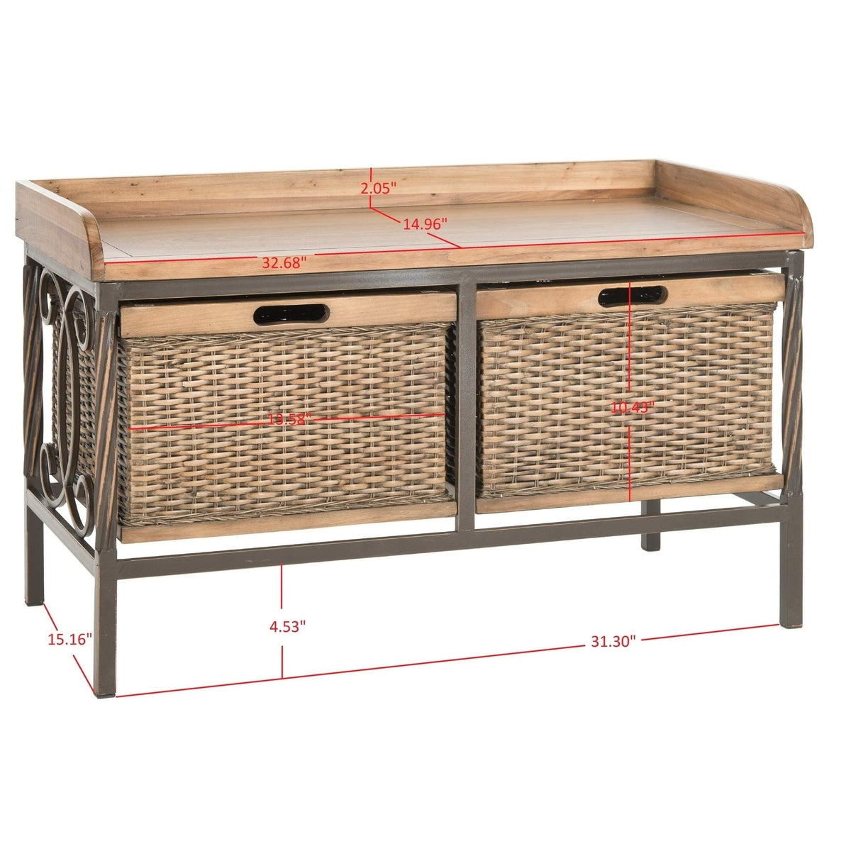Wooden Storage Bench - 33" X 15.7" 20" Brown Solid Country Farmhouse MDF Oak Wicker Painted