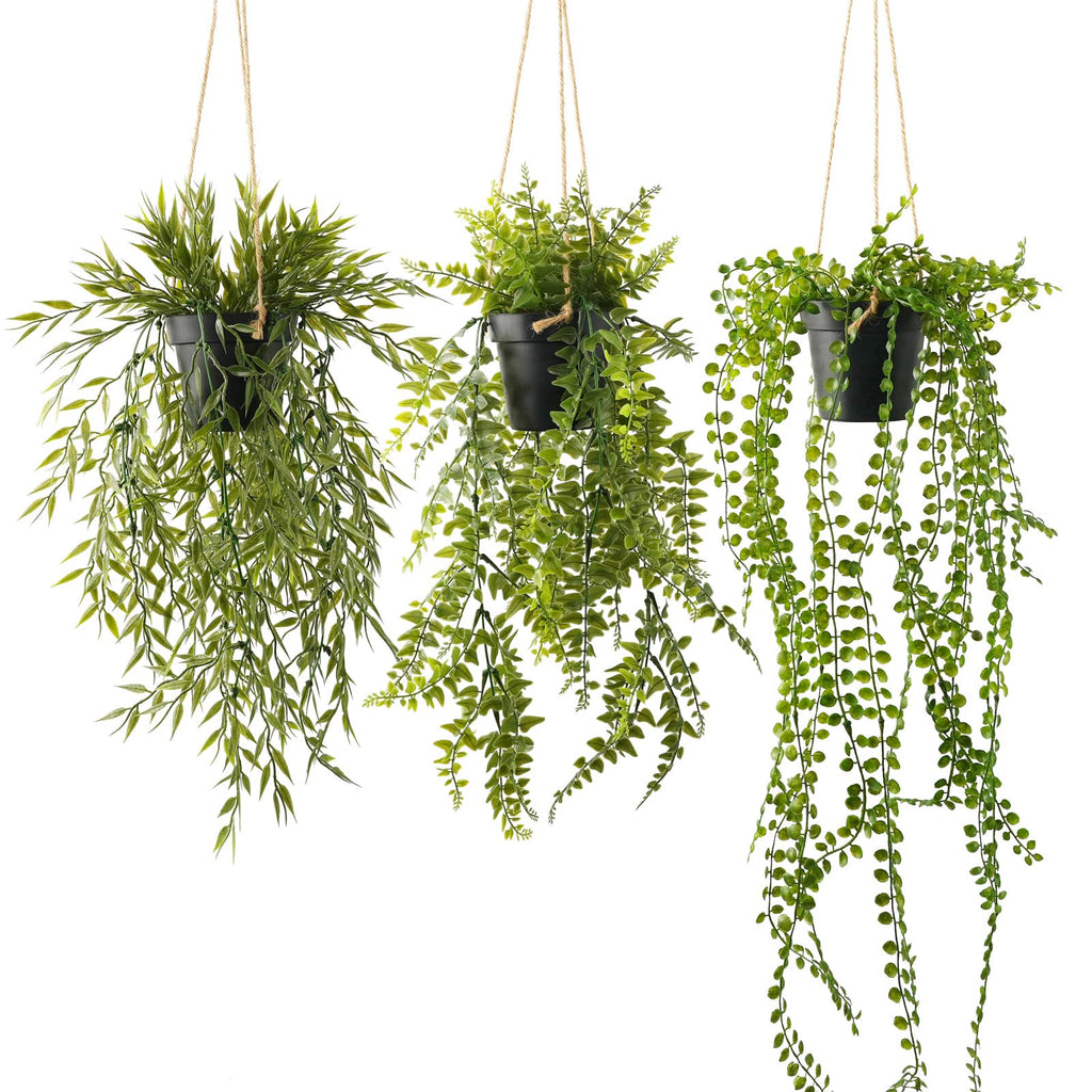 3 Packs 28" Fake Hanging Plants with Black Pots for Wall Decor
