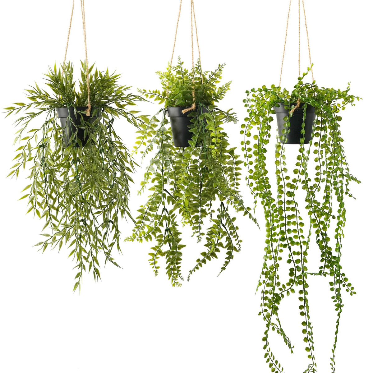 3 Packs 28" Fake Hanging Plants with Black Pots for Wall Decor