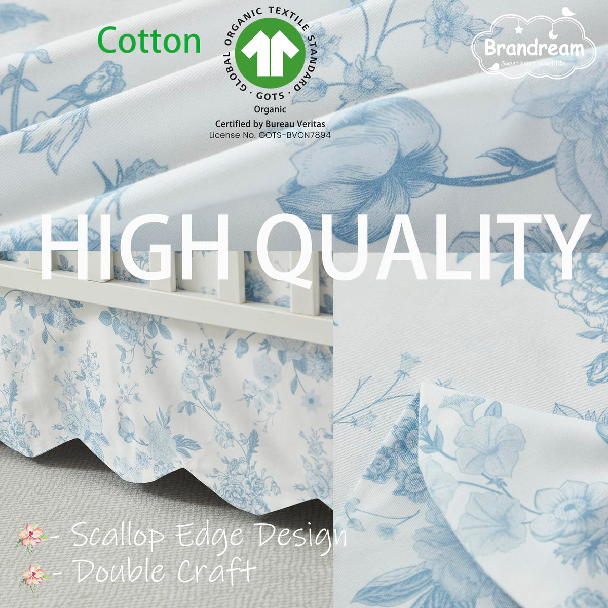 Scallop Edge Cotton Crib Skirt, Baby Girl, French Country Blue Toile Crib Skirt Toddler Bedskirt Farmhouse Chic