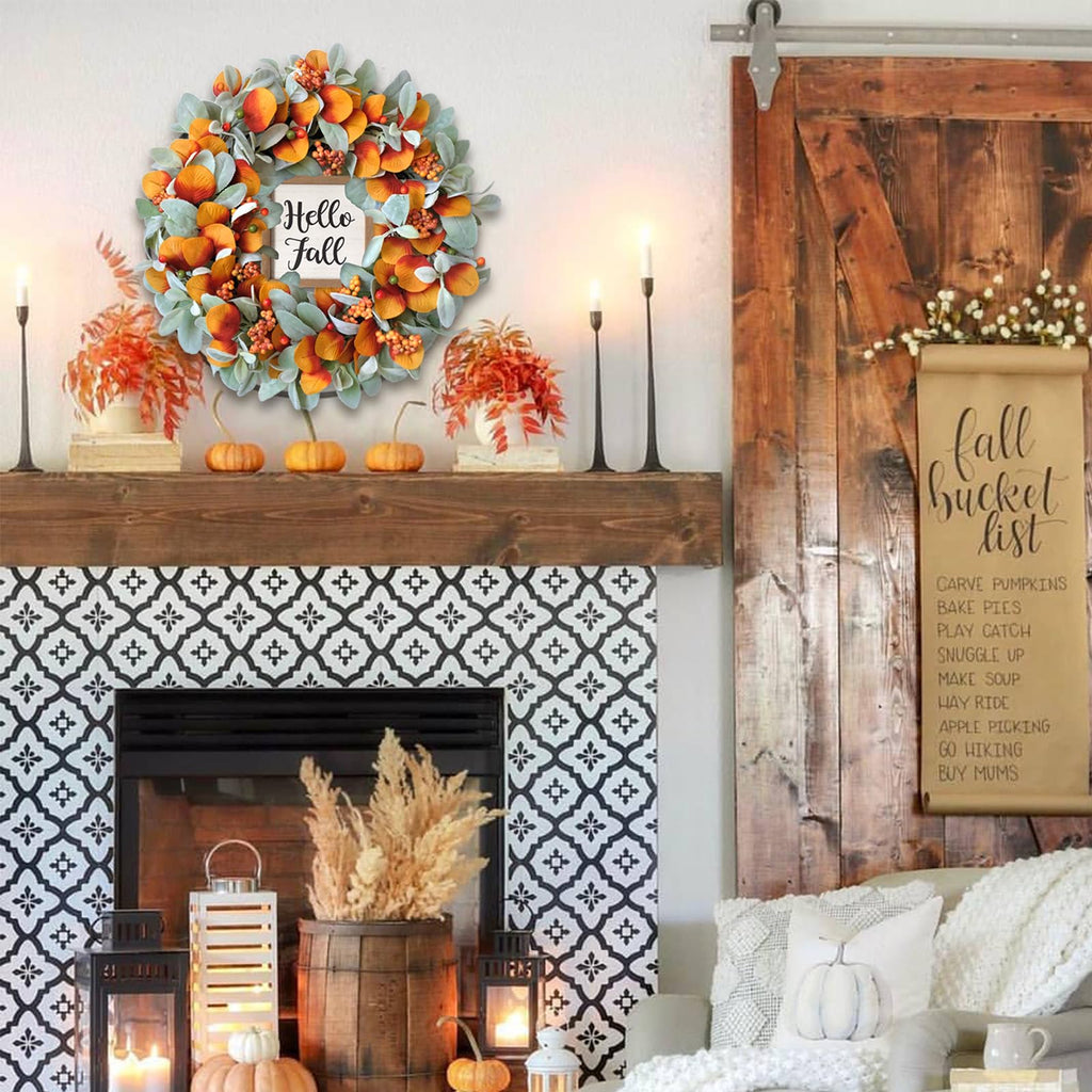 22 inch Fall Wreath for Front Door Artificial Autum Wreaths with Lamb's Leaves Eucalyptus Leaves Berries Wreath for