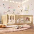 Full Size Kids Montessori Floor Bed with Door,Solid Wood Floor Bed Frame with High Fence for Girls,Boys,Natural