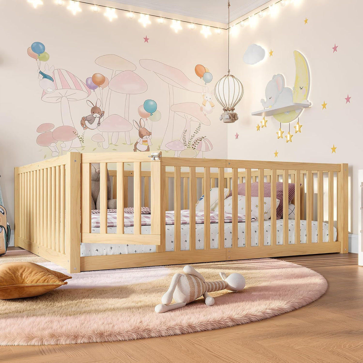Full Size Kids Montessori Floor Bed with Door,Solid Wood Floor Bed Frame with High Fence for Girls,Boys,Natural