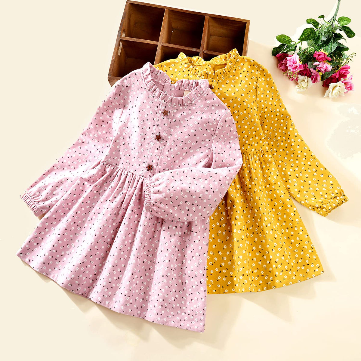 Toddler Baby Girls Floral Dress Long Sleeve Cotton Dress Fall Winter Midi Dress Little Girl Dress Yellow