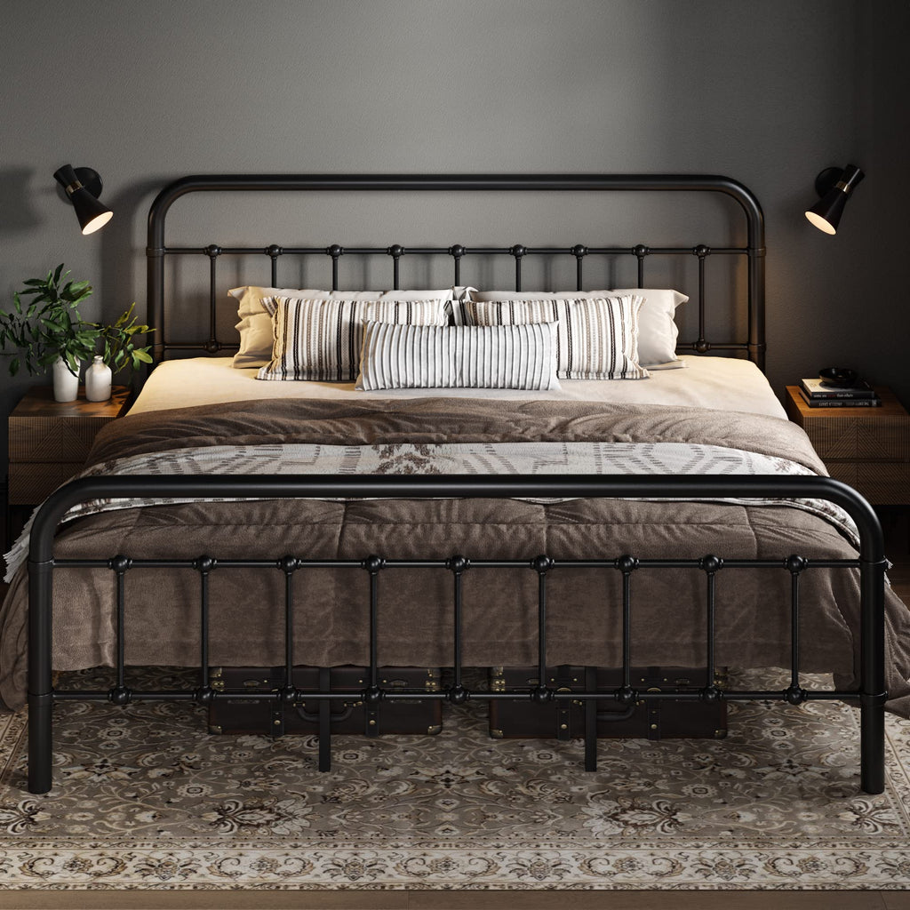 Metal Bed Frame with Victorian Iron-Art Headboard, Black