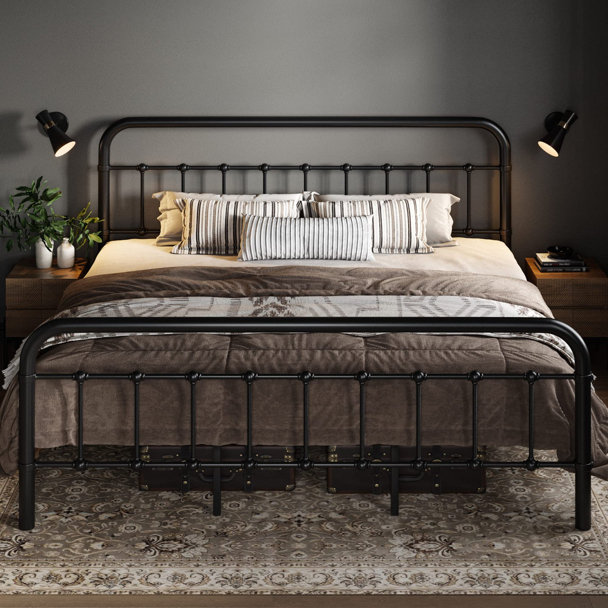Metal Bed Frame with Victorian Iron-Art Headboard, Black