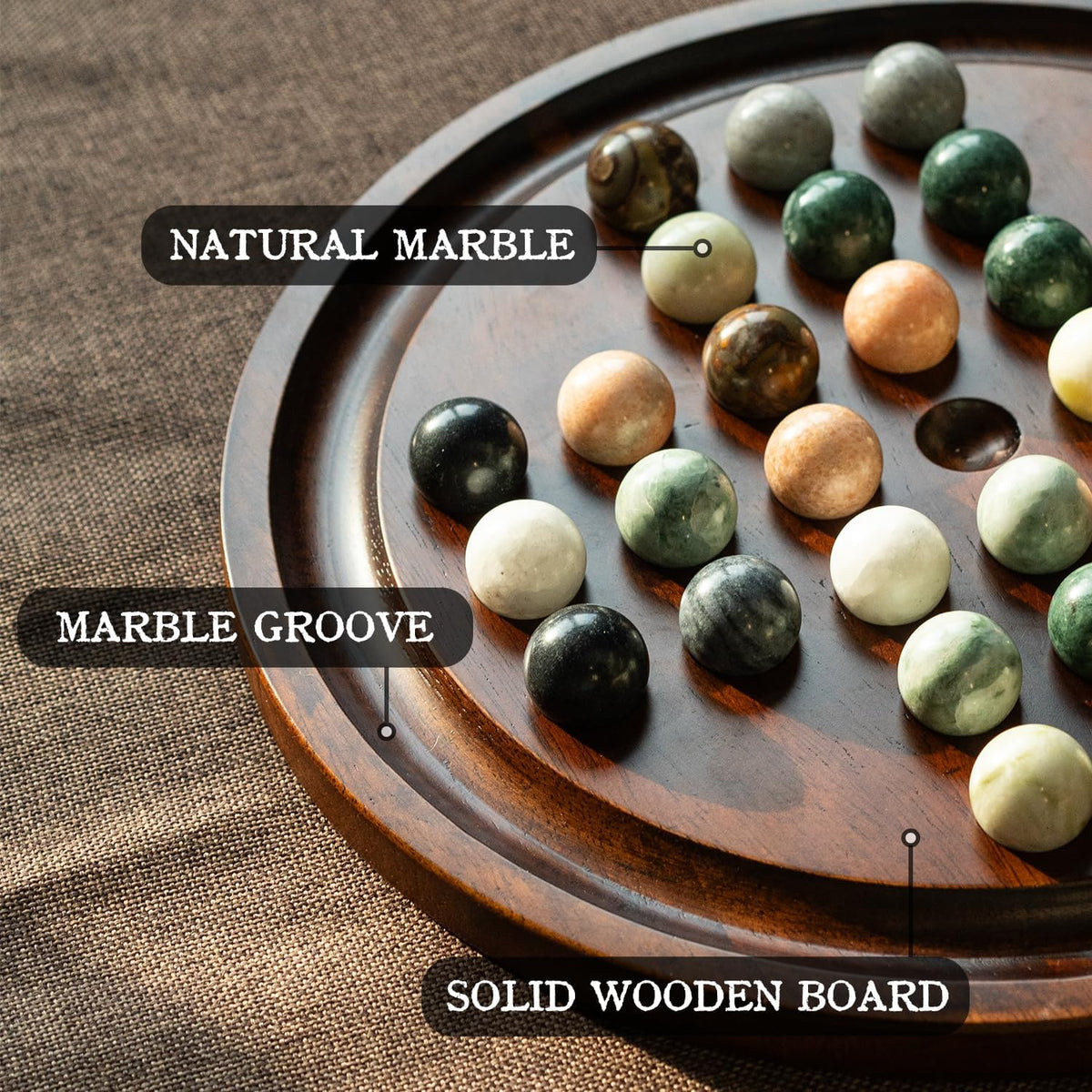 Deluxe Solitaire Game Set: 12.6'' Solid Wooden Board, 32 Natural Marble Balls, Single-Player Strategy and Smart Games