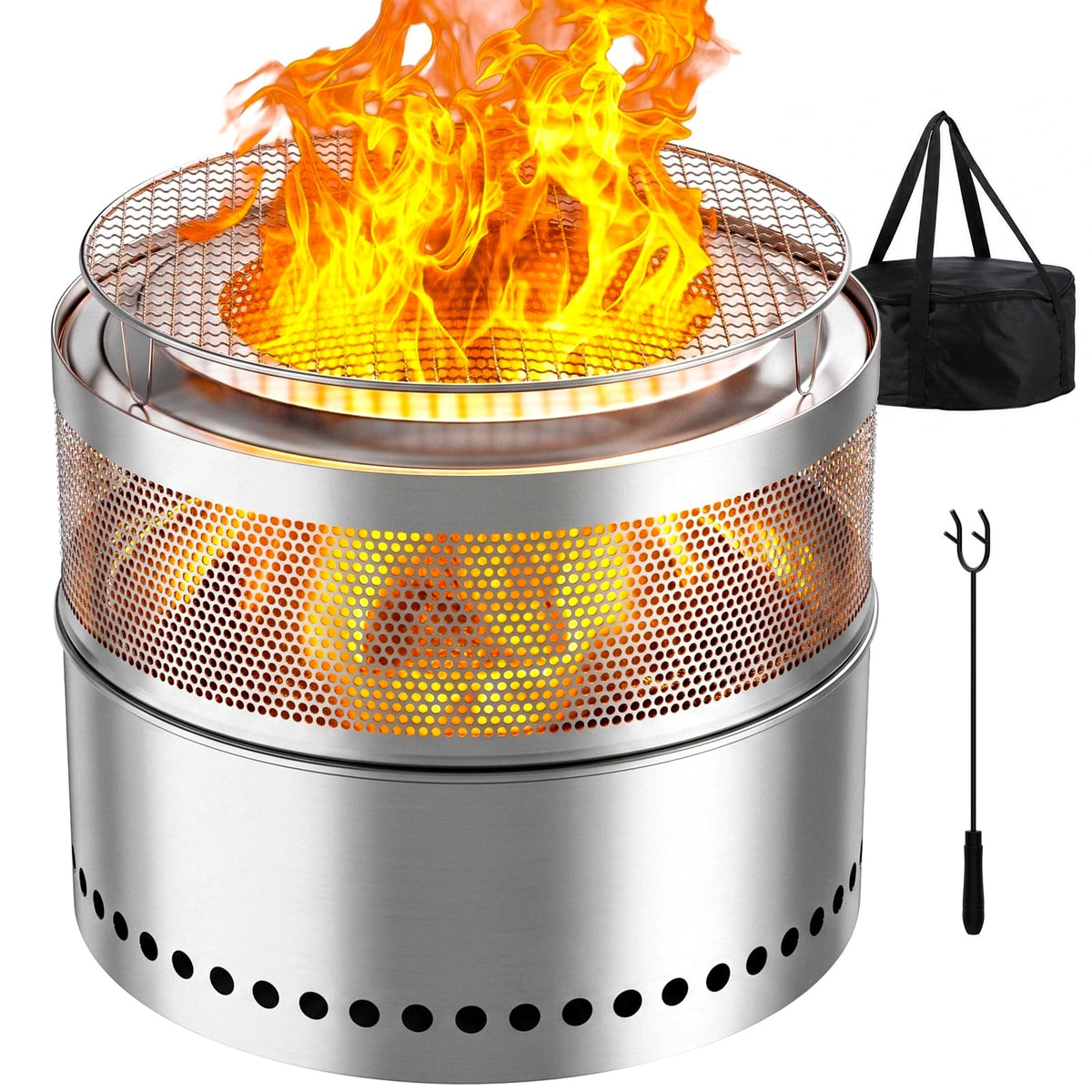 19.7" Stainless Steel Smokeless Fire Pit with Grill Grate