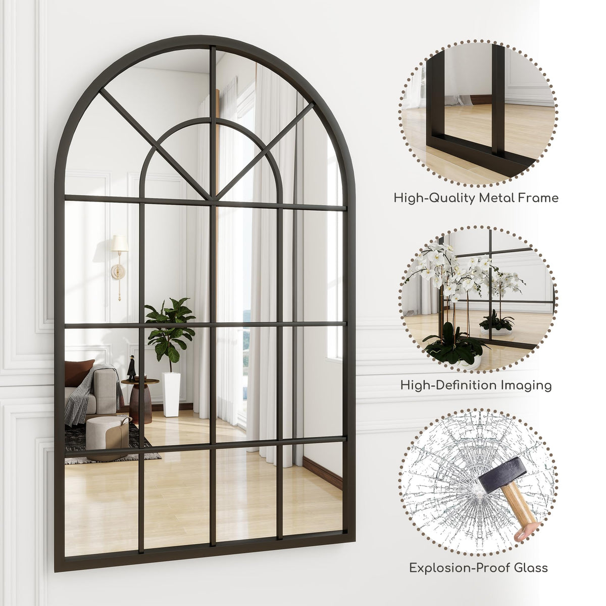 Arched Window Wall Mirror, 42"x24" Windowpane Mirror, Black