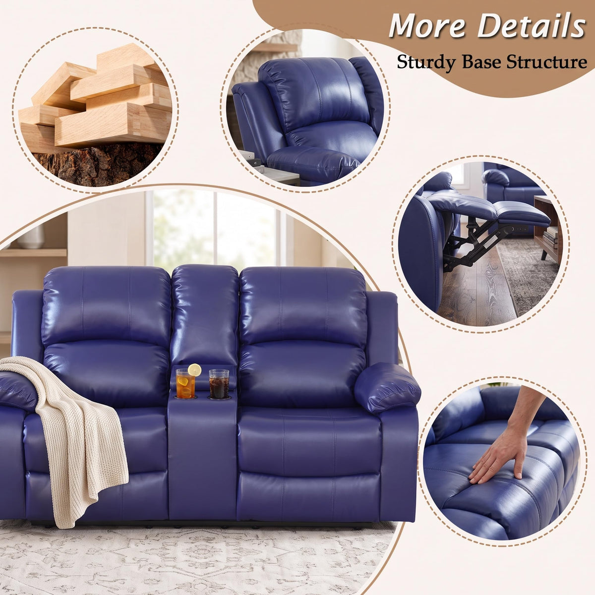 Leather Recliner Sofa Set, Leather Reclining Couch Furniture Sets, Purple Recliner Couch with 5 Recliners