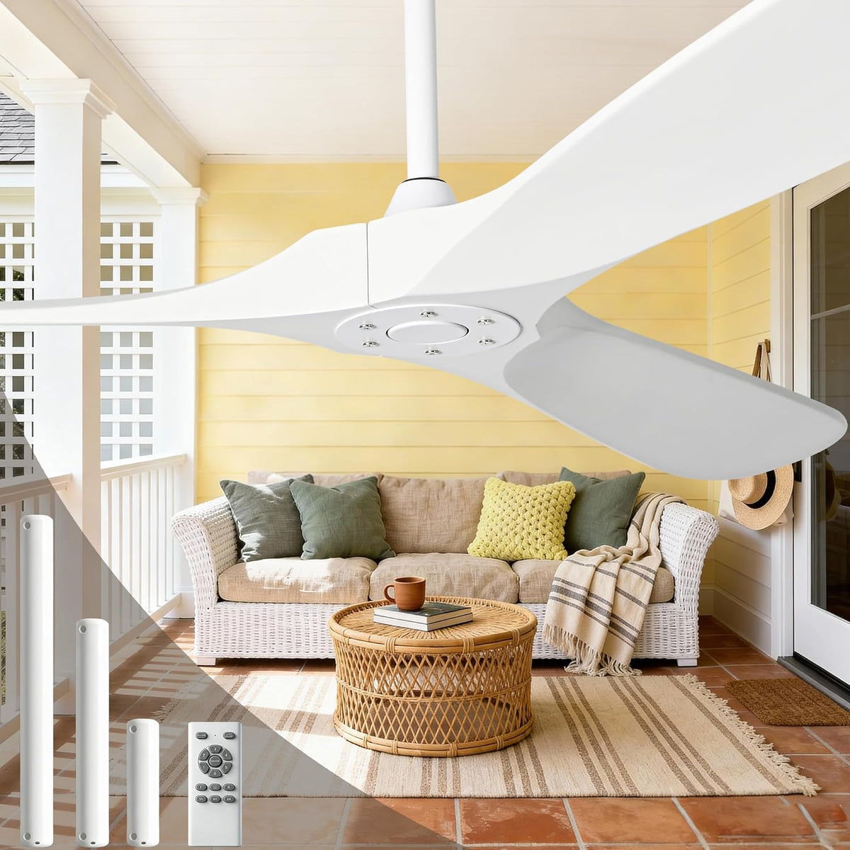 52-Inch White Outdoor Ceiling Fan with Three Solid Wood Blades, No Light
