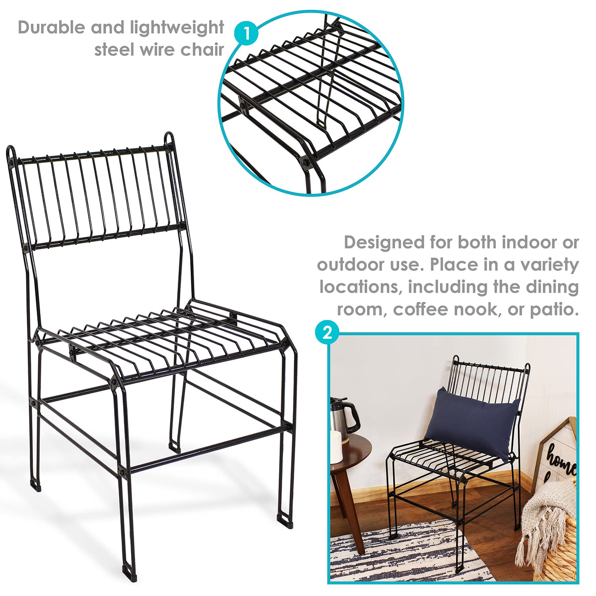 Inspired Bertoia Style Modern Steel Wire Armless Outdoor Dining Chair - Black