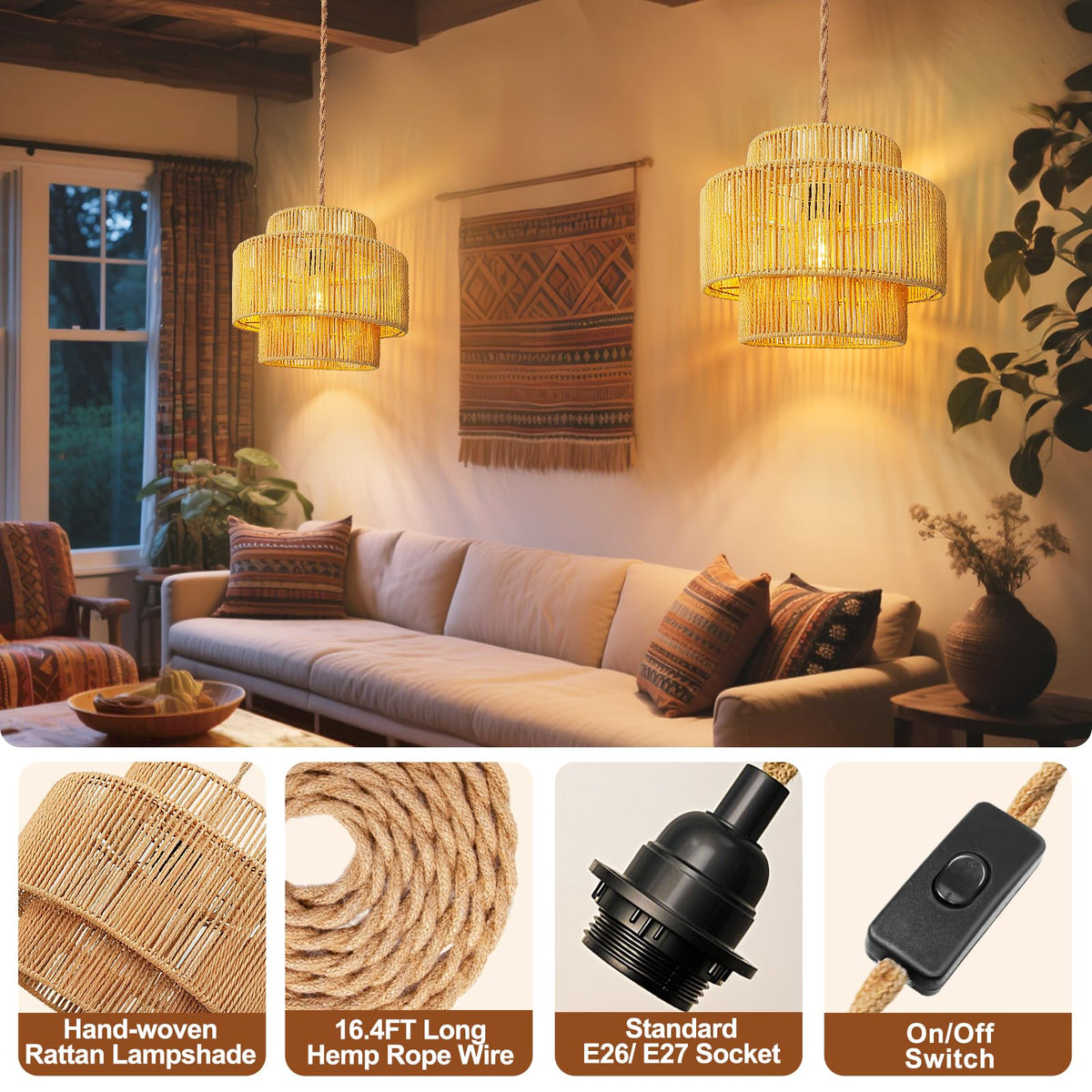 Hanging Lamps Rattan Pendant Light - 16.4ft Plug in Cord Hanging Light Fixture Plug Into Wall Outlet Pendant Lighting