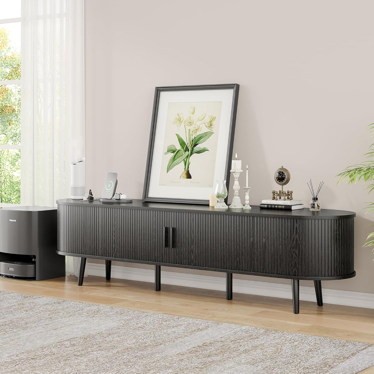 69" Mid Century Modern TV Stand with Power Outlet, Farmhouse Curved Edge TV and Media Console Table with Drawer and Shelf, Fluted Entertainment Center for Living Room, Bedroom, Black