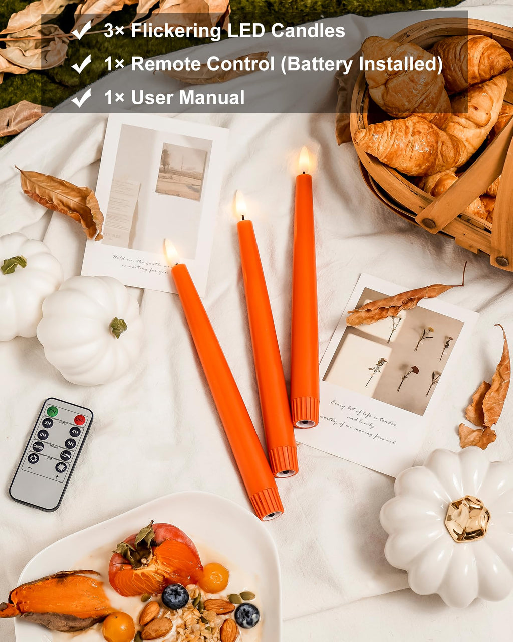 Fall Decor, Orange Flameless Taper Candles with Remote and Timer, Real Wax