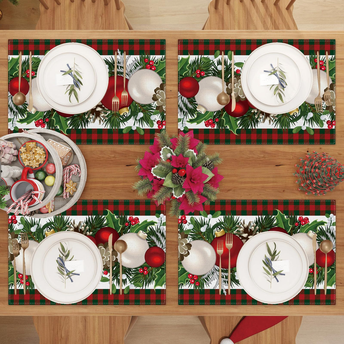 Linen Red and Green Buffalo Check Plaid Christmas Placemats Set of 4 Farmhouse Winter Christmas Xmas Holiday Home