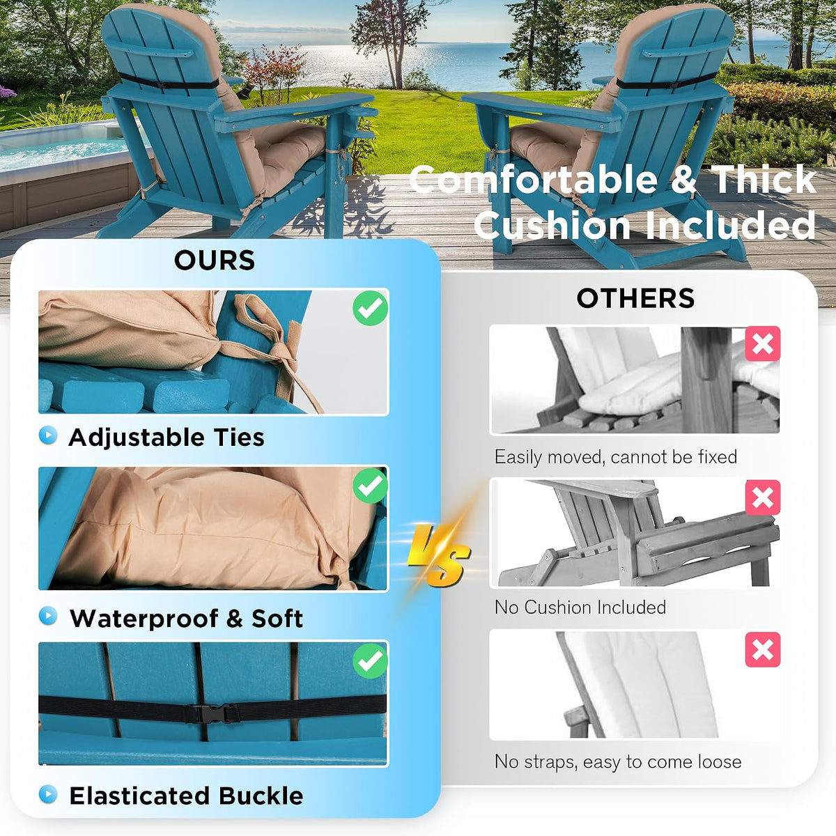 Folding Adirondack Chairs Set of 2 with Cushion with Cup Holder, HDPE Plastic Oversized Patio Chair Weather