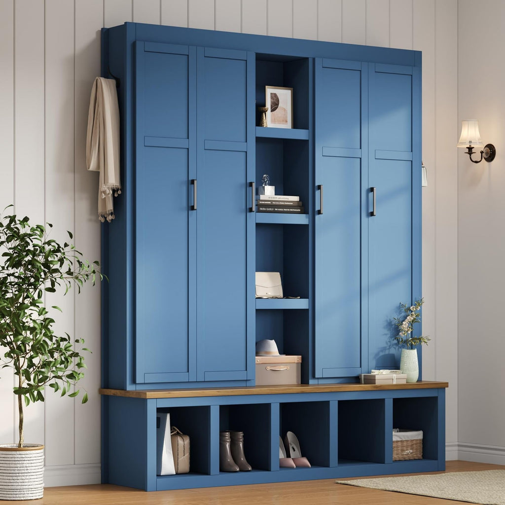 4-in-1 Hall Tree with Bench and Shoe Storage, Multi-Functional Farmhouse Entryway Bench with Coat Rack, Open