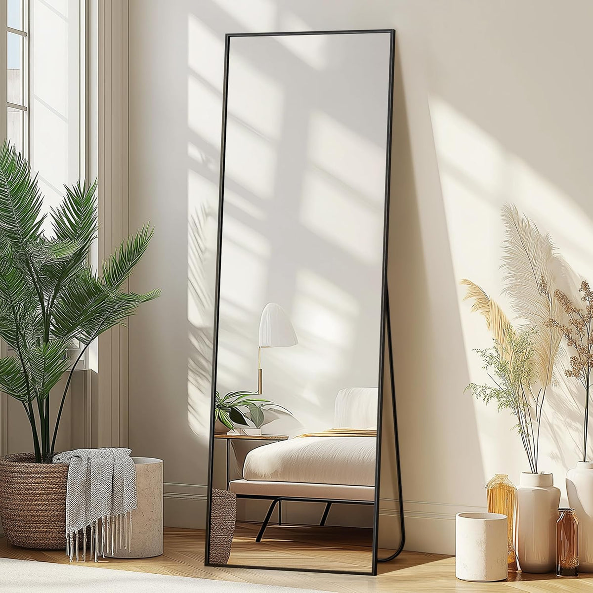 Wall Full Length Mirror,Standing Mirror Full Body,Large Floor for Wall Door Bedroom Bathroom Living Room with Aluminium Frame(with Stand,56x15-Black)