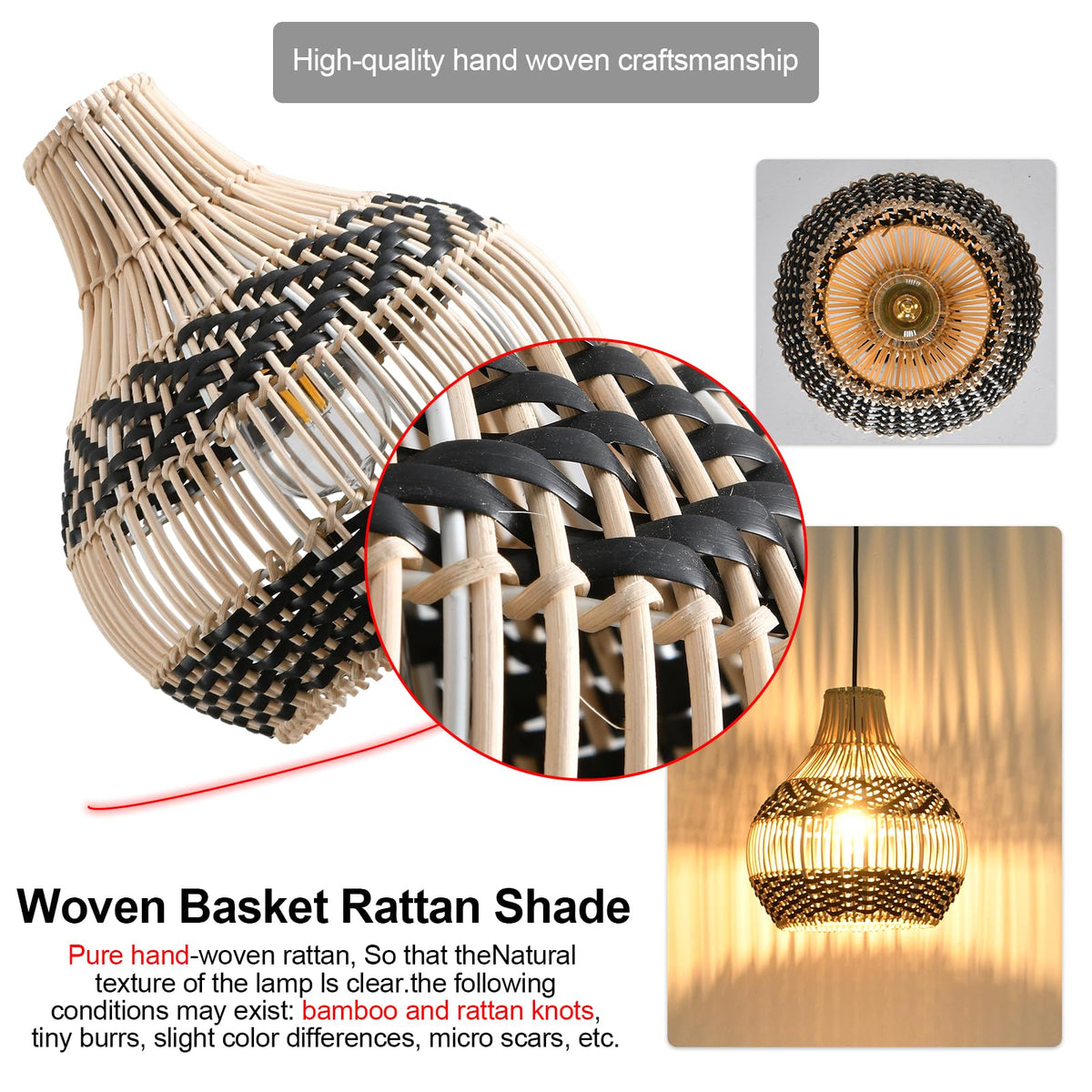3-Pack Rattan Pendant Light Mini Hand-Woven Black White Rattan Chandelier