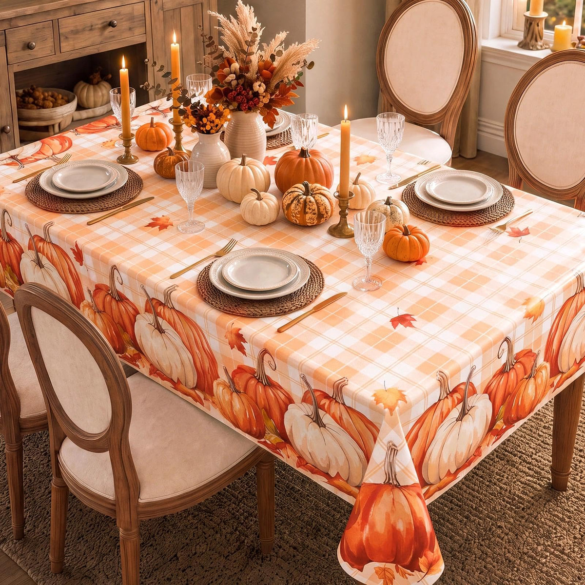 Fall Gingham Vinyl Tablecloth, Rectangle 54 x 78, Orange