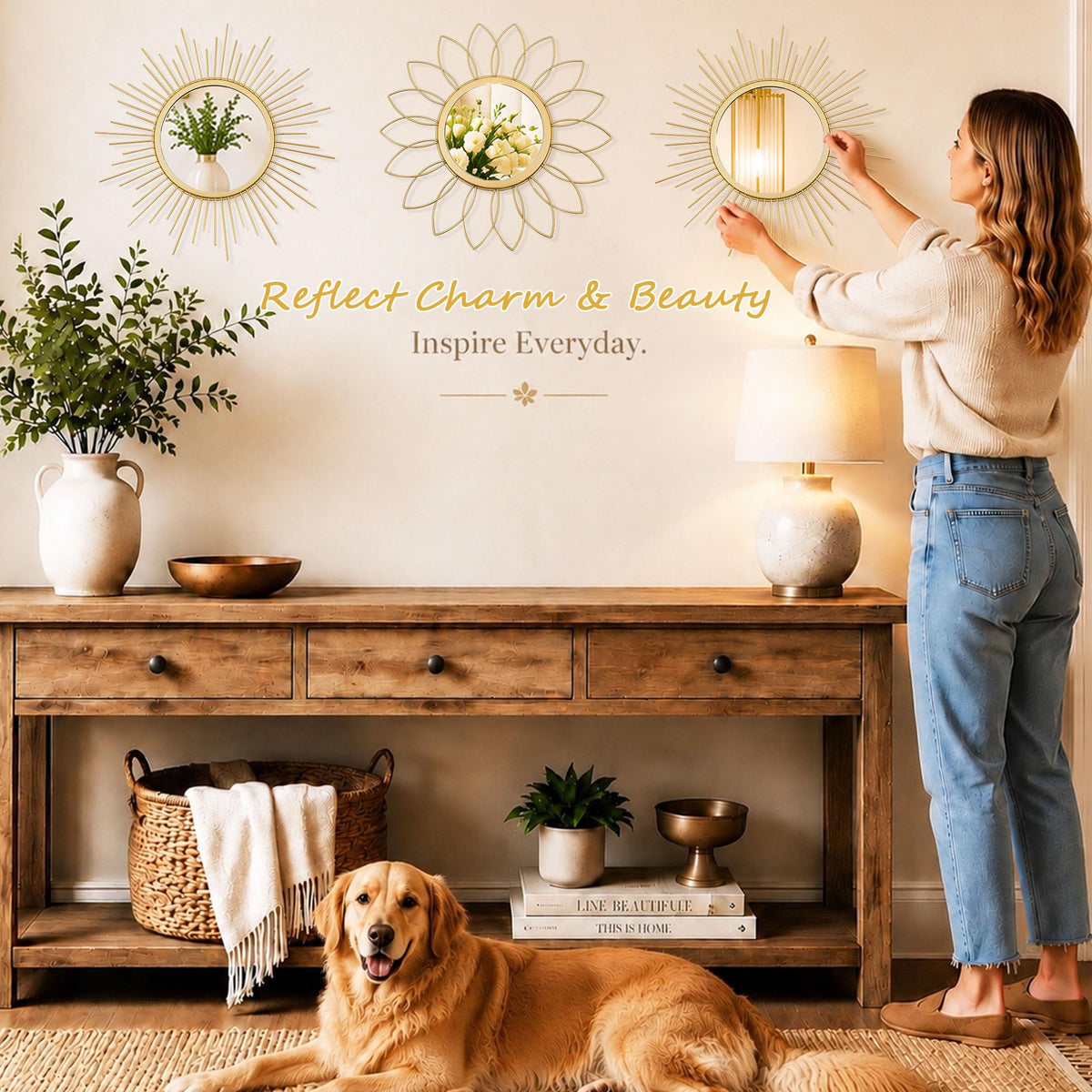 3 Pack Metal Mirrors for Wall Gold Sunburst Wall Mirror Home Decor Accent