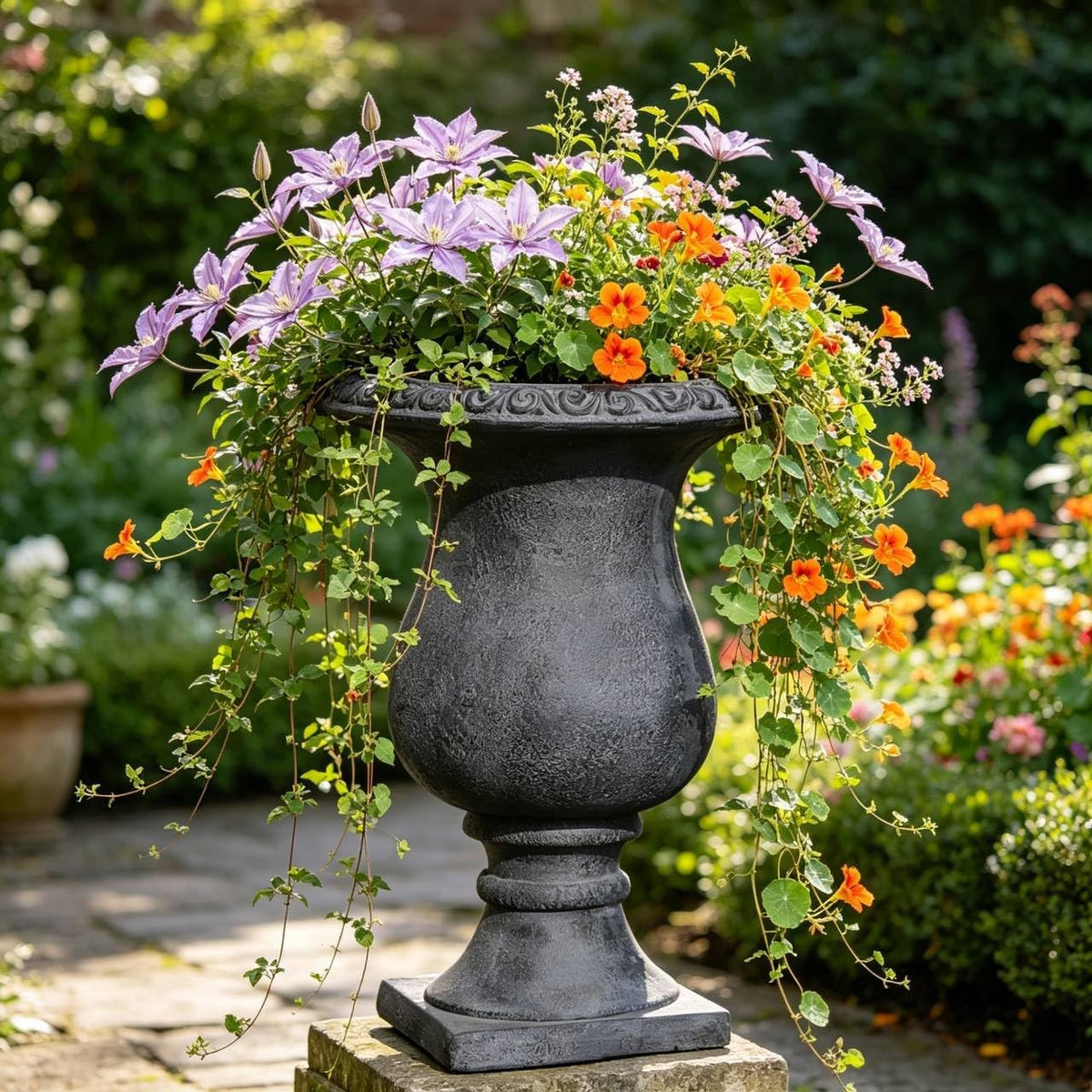 Vintage Large Pedestal Urn Planter, Antique Black Decorative Flower Pot, MGO Garden Plant Container for Outdoor