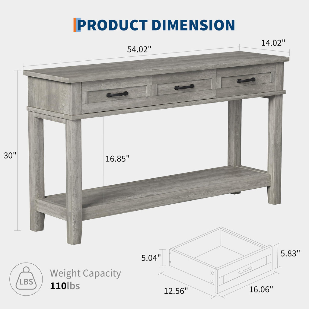 3 Drawers Entryway Table, Farmhouse Wooden Console Table, Grey