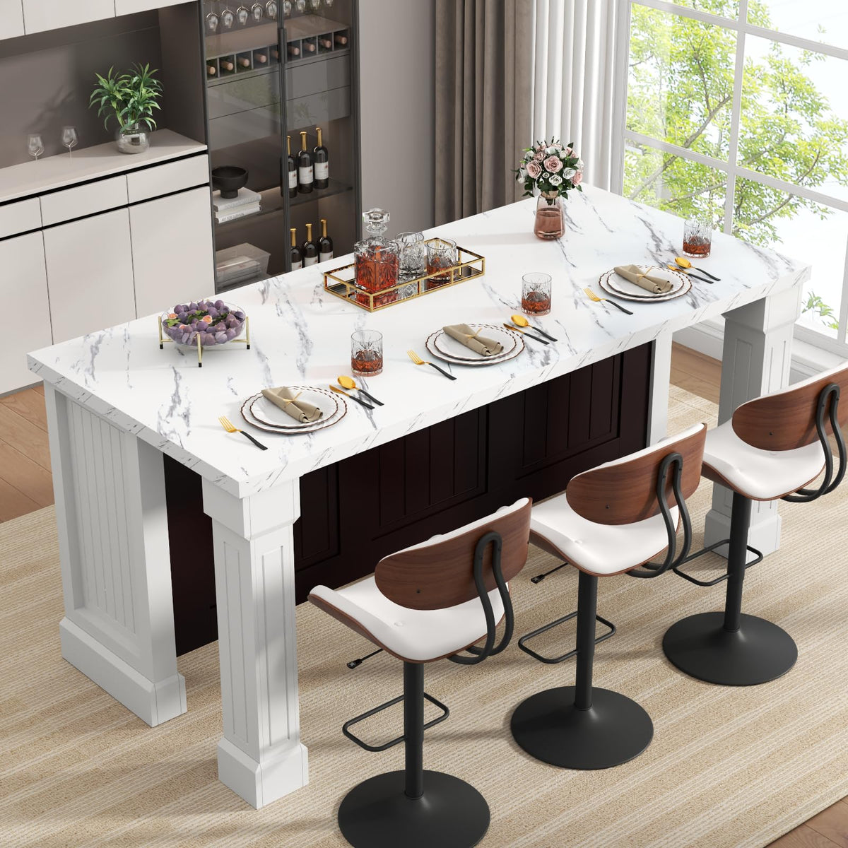 71" Large Imitation Marble Bar Table with Roman Column, 36" Tall Island Table with Charging Station, Mordern Kitchen
