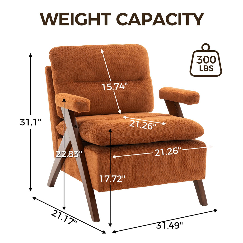 Mid Century Modern Accent Chair, Comfy Solid Wood Armchair with Tufted Fabric Cushion, Cozy Reading Chair & Small